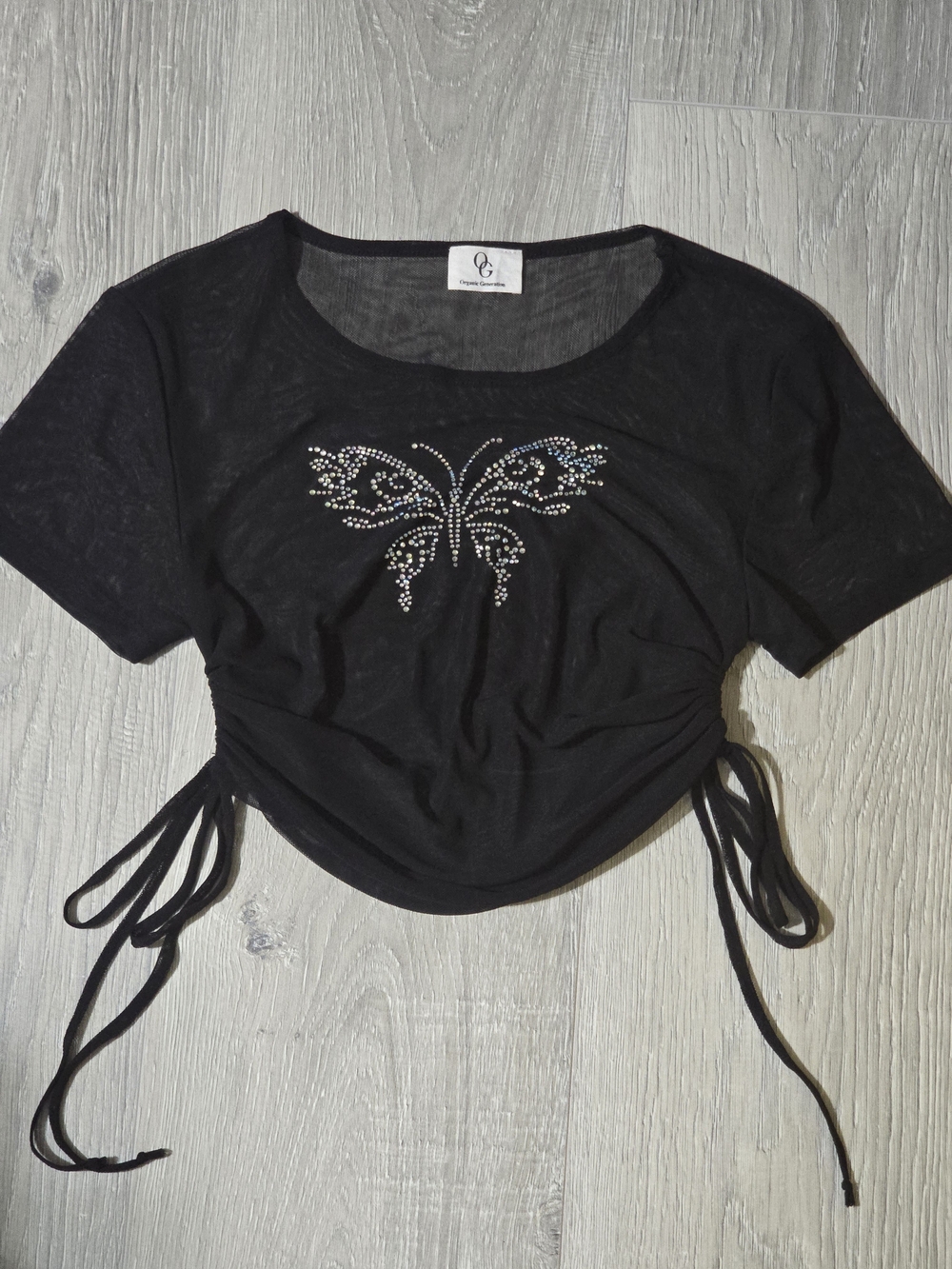 Rhinestone Butterfly Black Ruched Side-Tie Crop Top